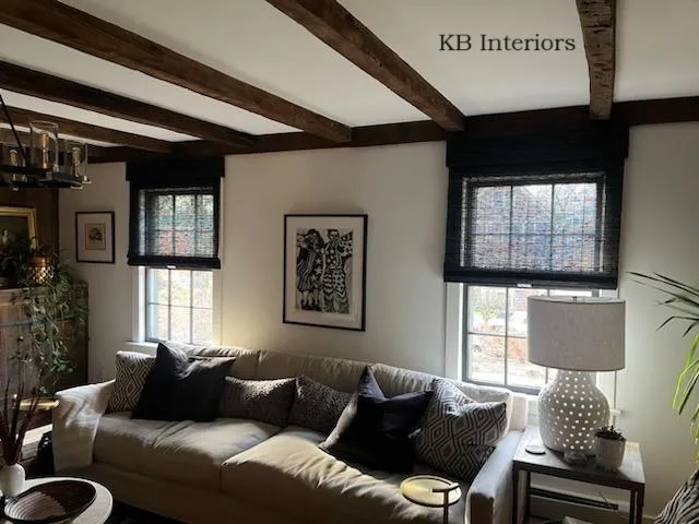 Black woven shades in a Maplewood, NJ living room