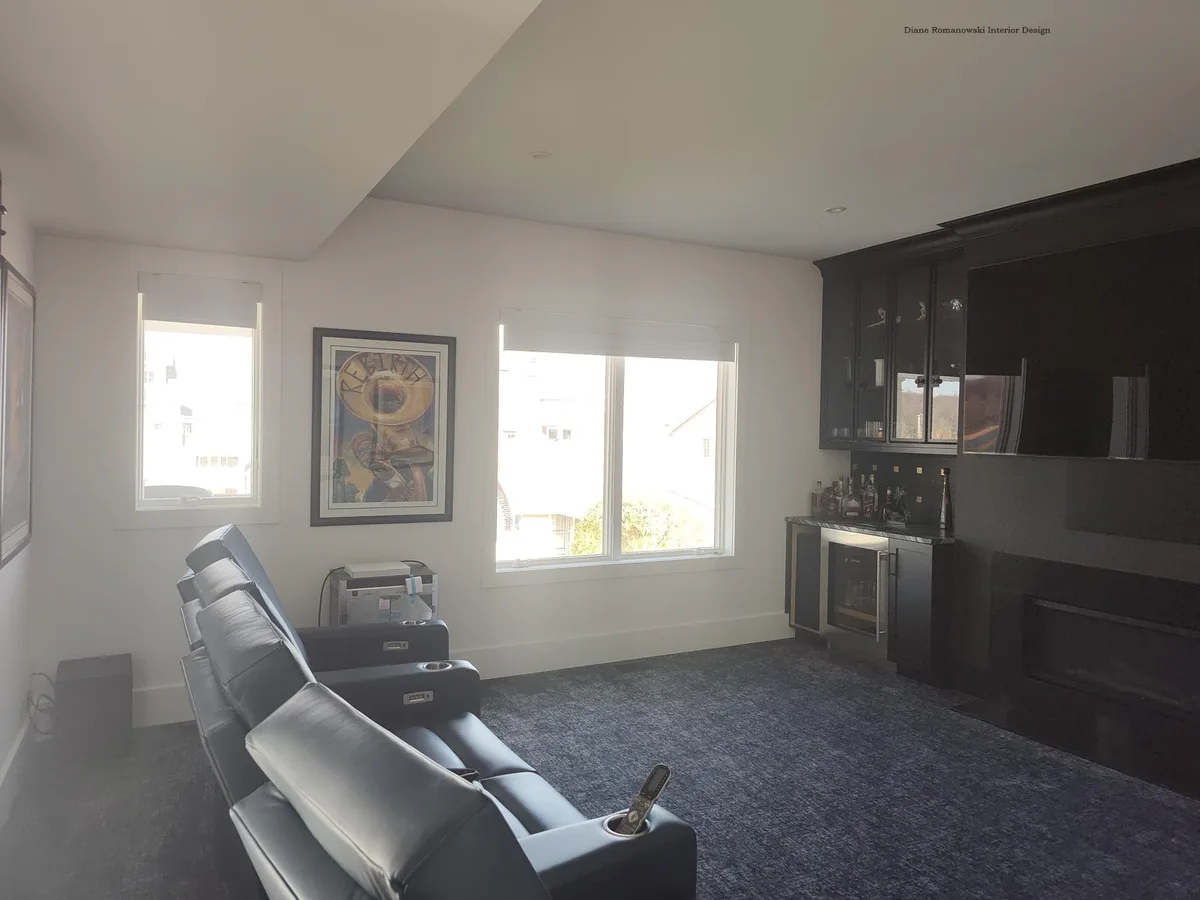 Blackout roller shades in a Sea Bright media room