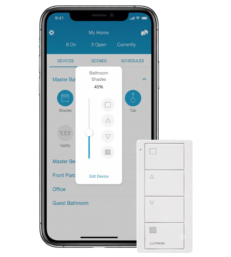 Lutron app on iPhone showing shade control alongside a Lutron Pico remote