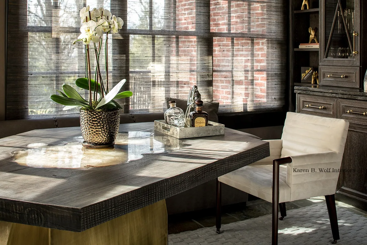 Motorized Grassweave Roman Karen Wolf Interiors Short Hills NJ