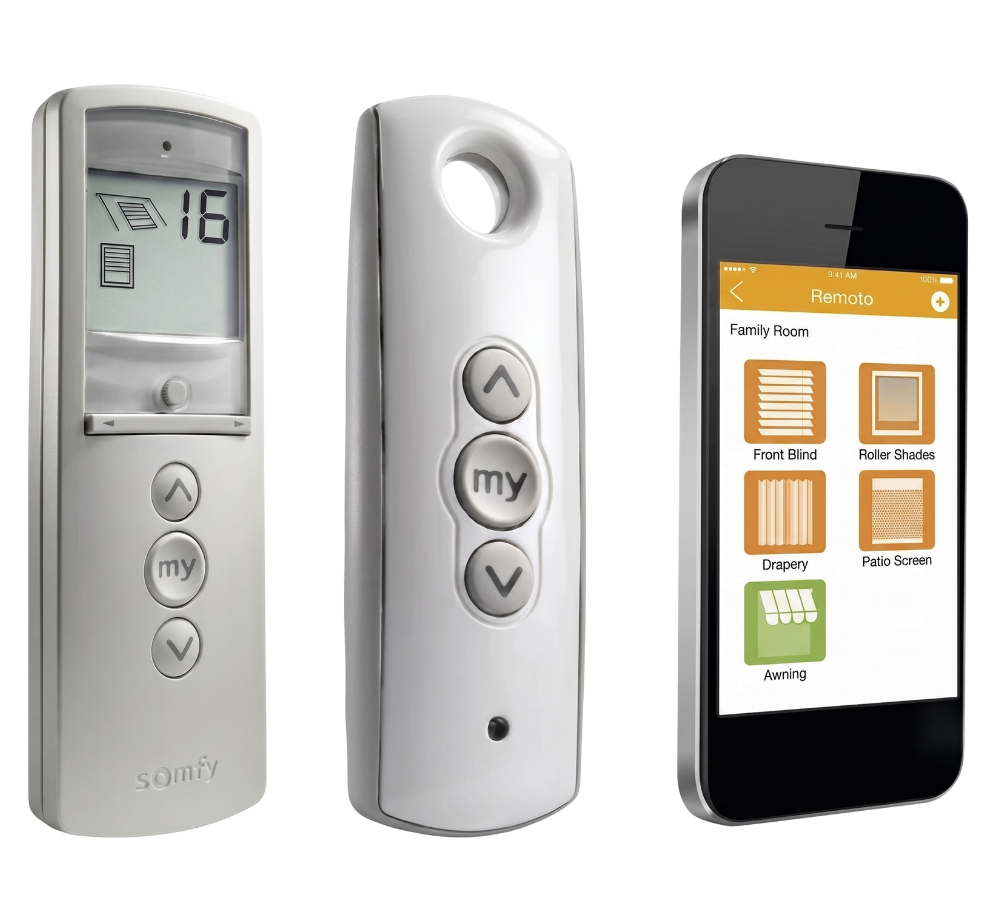 Somfy motorization remotes and app showing shade control options