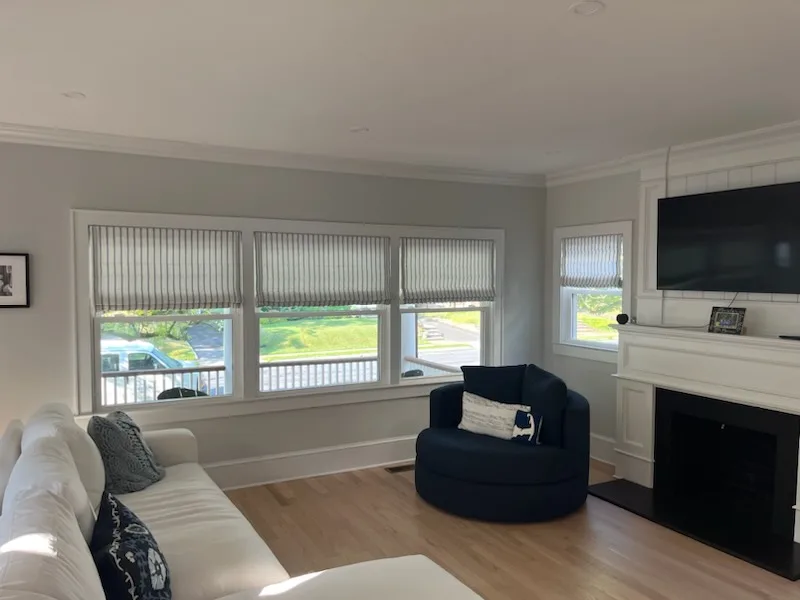 Waterfall-style Roman shades in a Maplewood, NJ living room