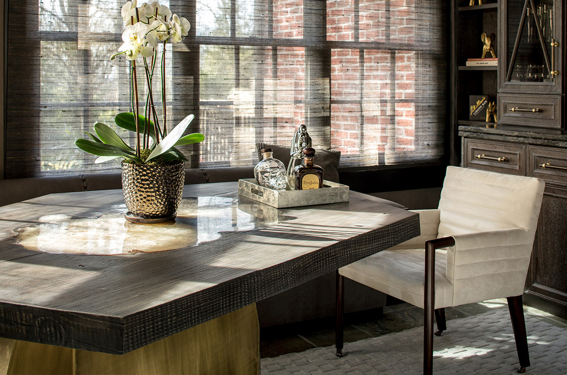 Natural woven grass shade in a bright living room