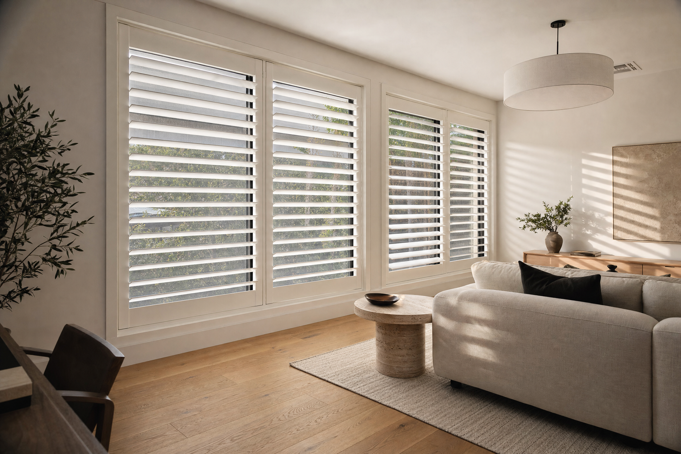 White plantation shutters in a luxury living room