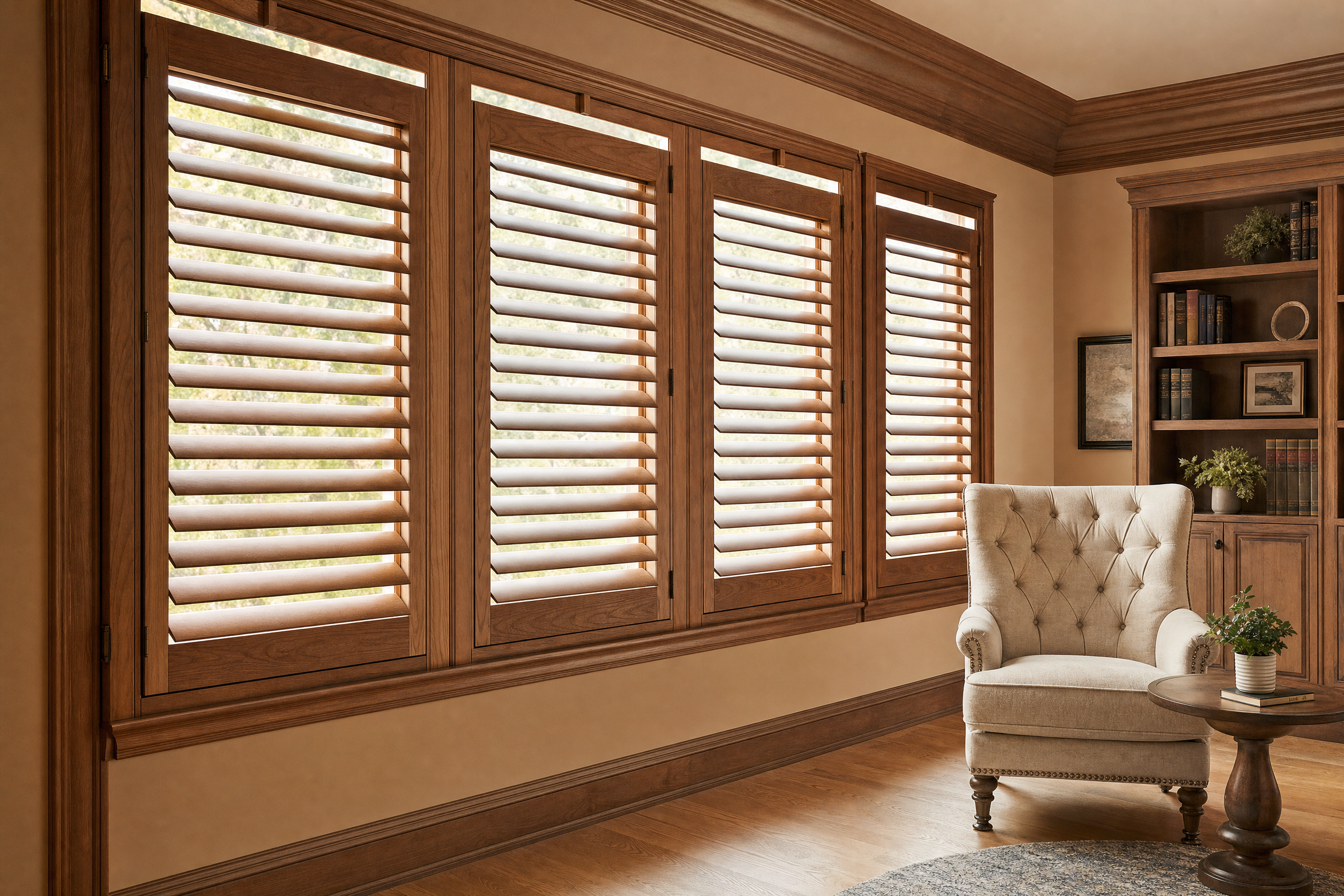 Custom plantation shutters with detailed louver and hardware options