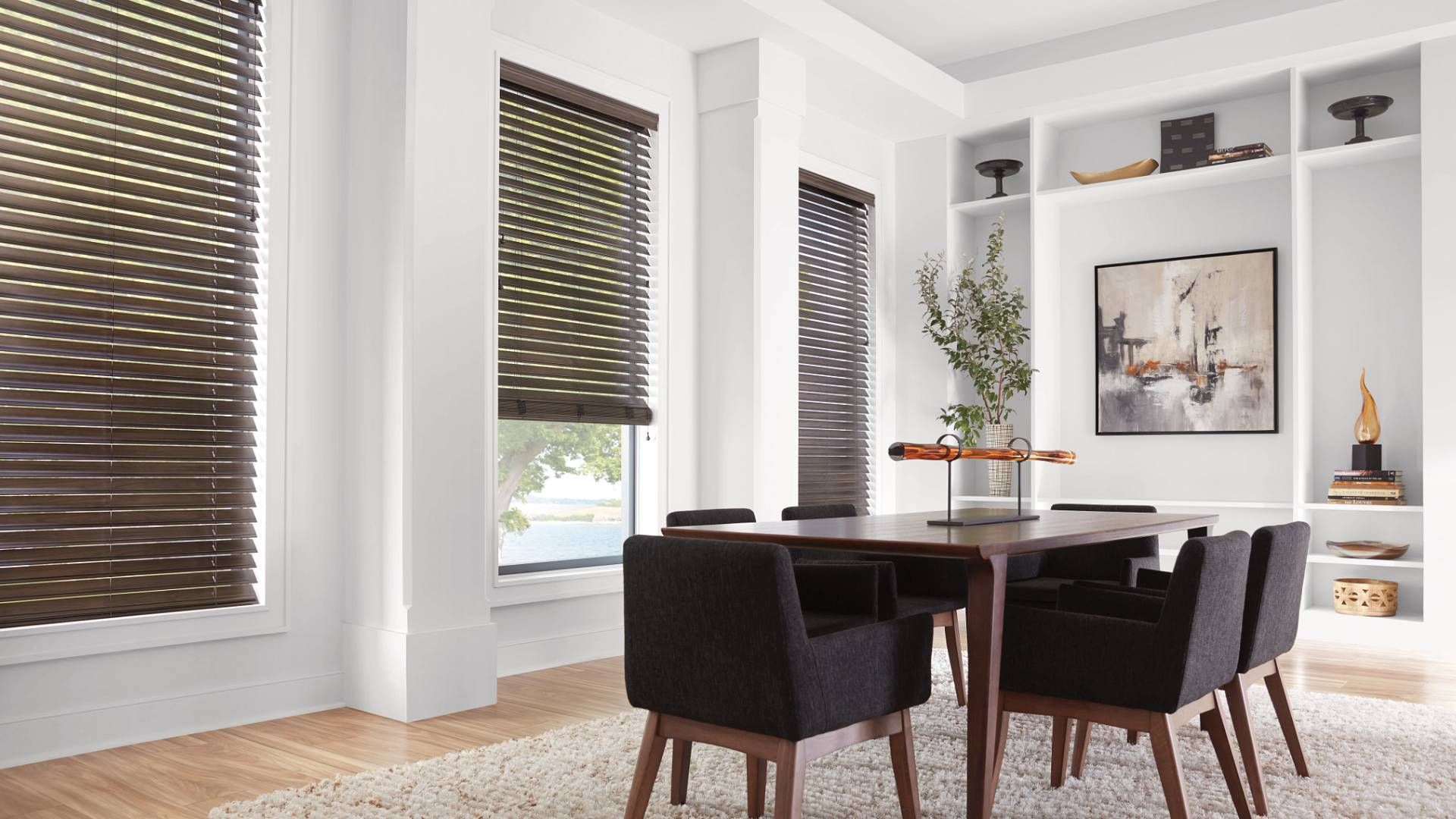 Custom wood Venetian blinds in a warm interior